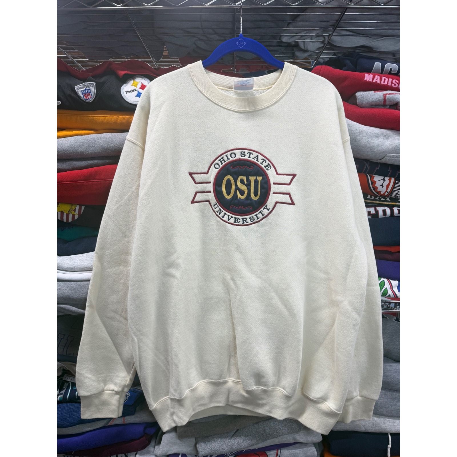 Sz L Vintage 90s Ohio State University Cream Sweatshirt, Crewneck Embroidered